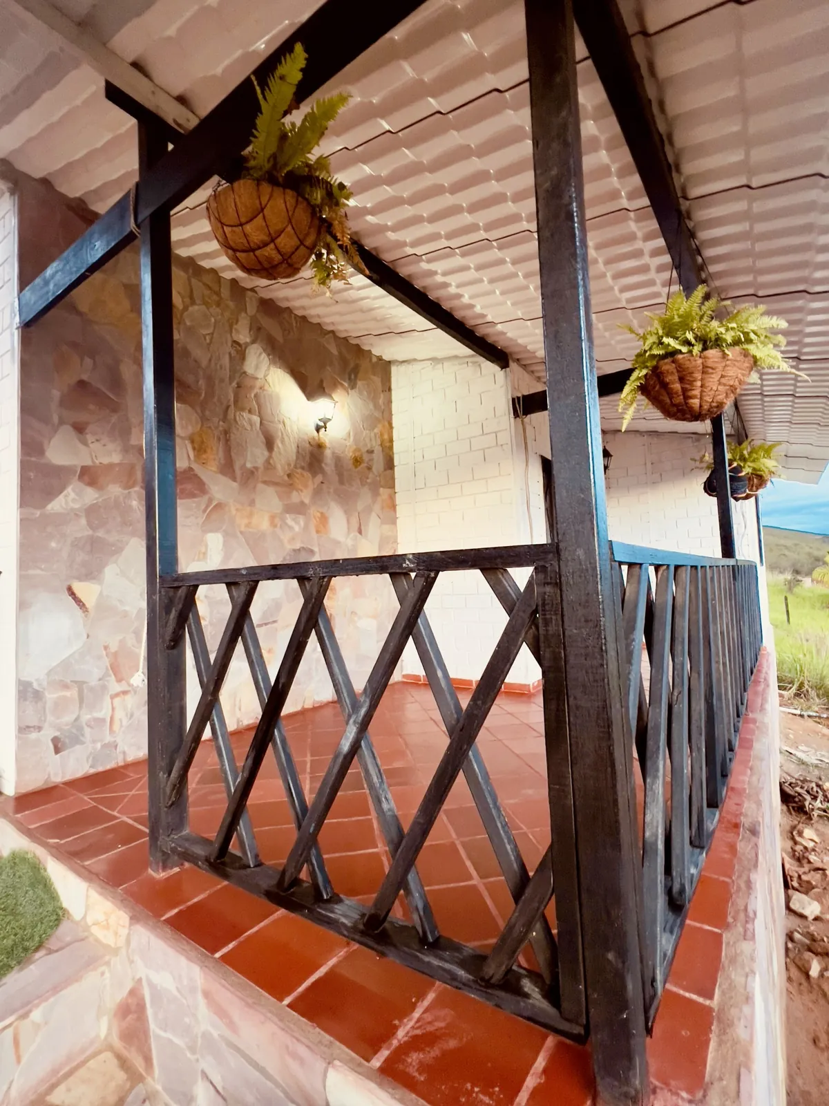 Detalle del corredor con materas y baranda en X