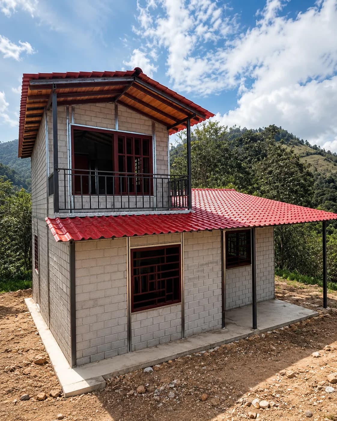 Casa Motoso de dos niveles con balcón y cubierta roja