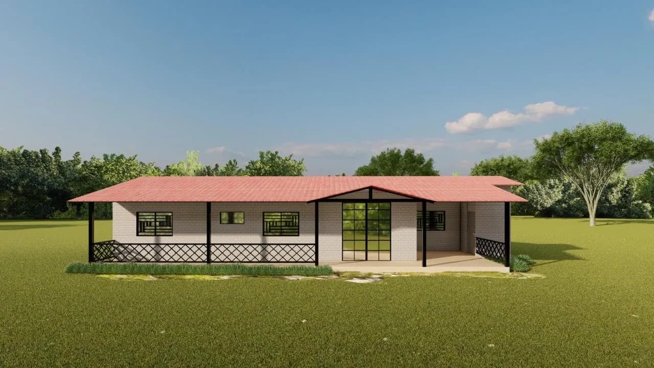Villa Rito, casa prefabricada de un nivel con corredor y ventanales