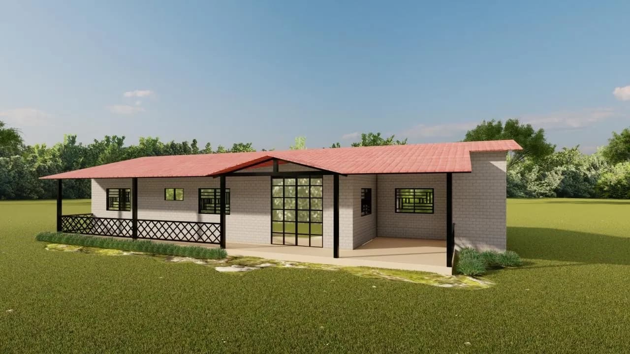 Villa Rito, fachada con ventanal central y corredor con baranda