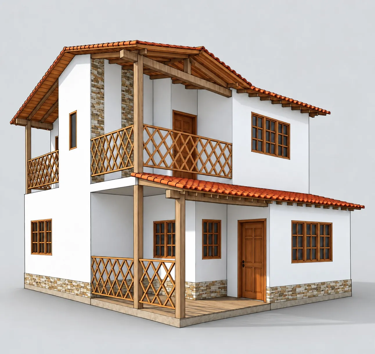 Render de la Siaga con enchape en piedra y balcones de madera