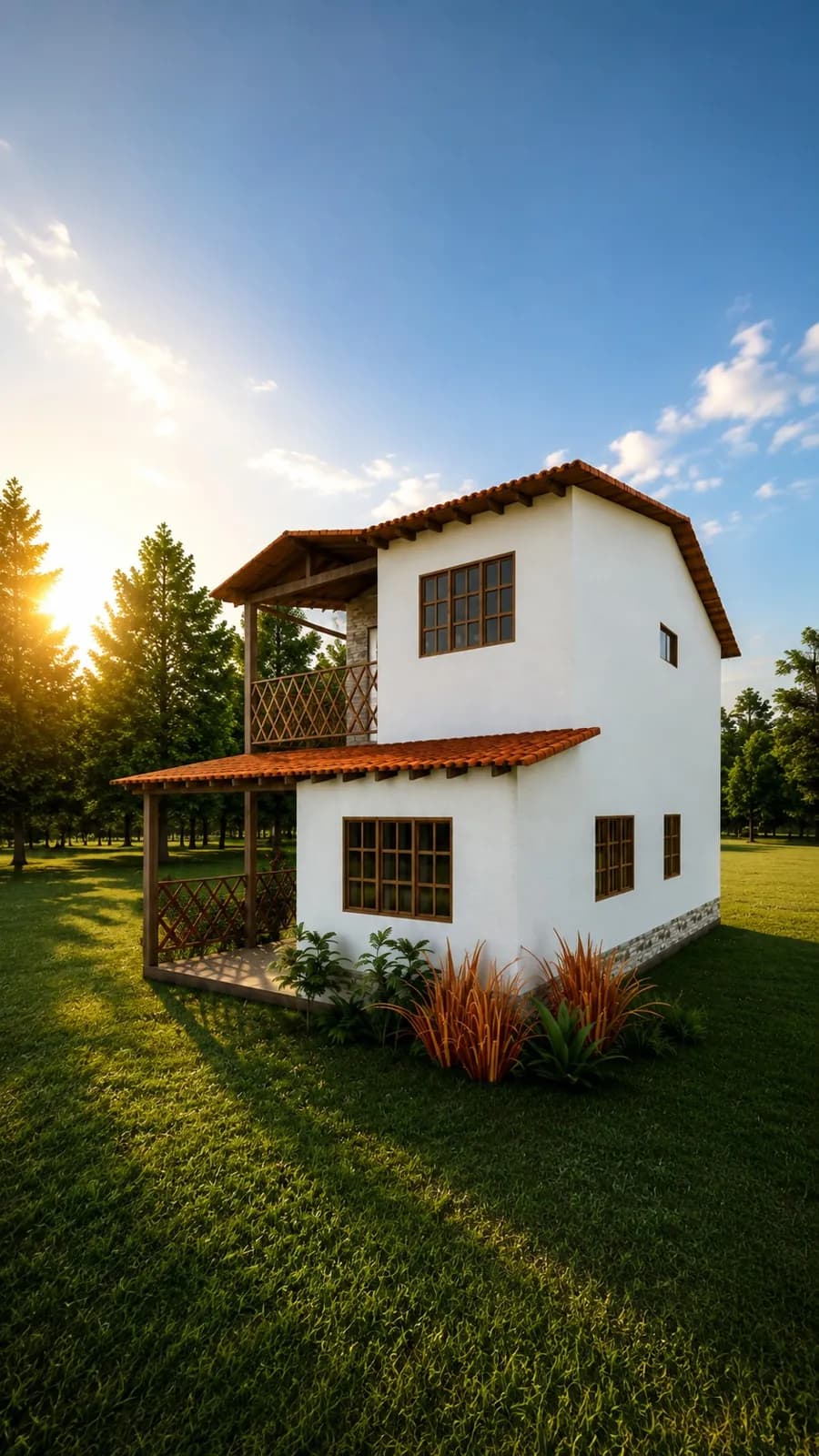 Casa Siaga al atardecer, vista lateral con corredor