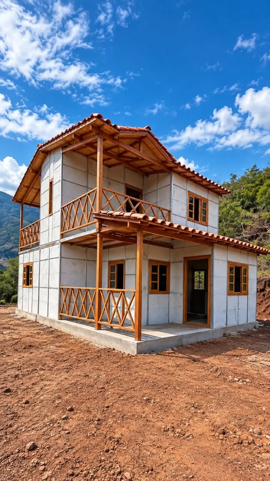 Casa Siaga construida en obra negra, dos niveles con balcón en madera