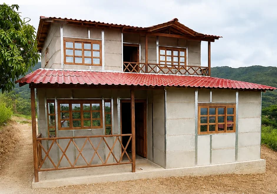 Casa Uris construida, dos niveles con balcón y ventanas en madera